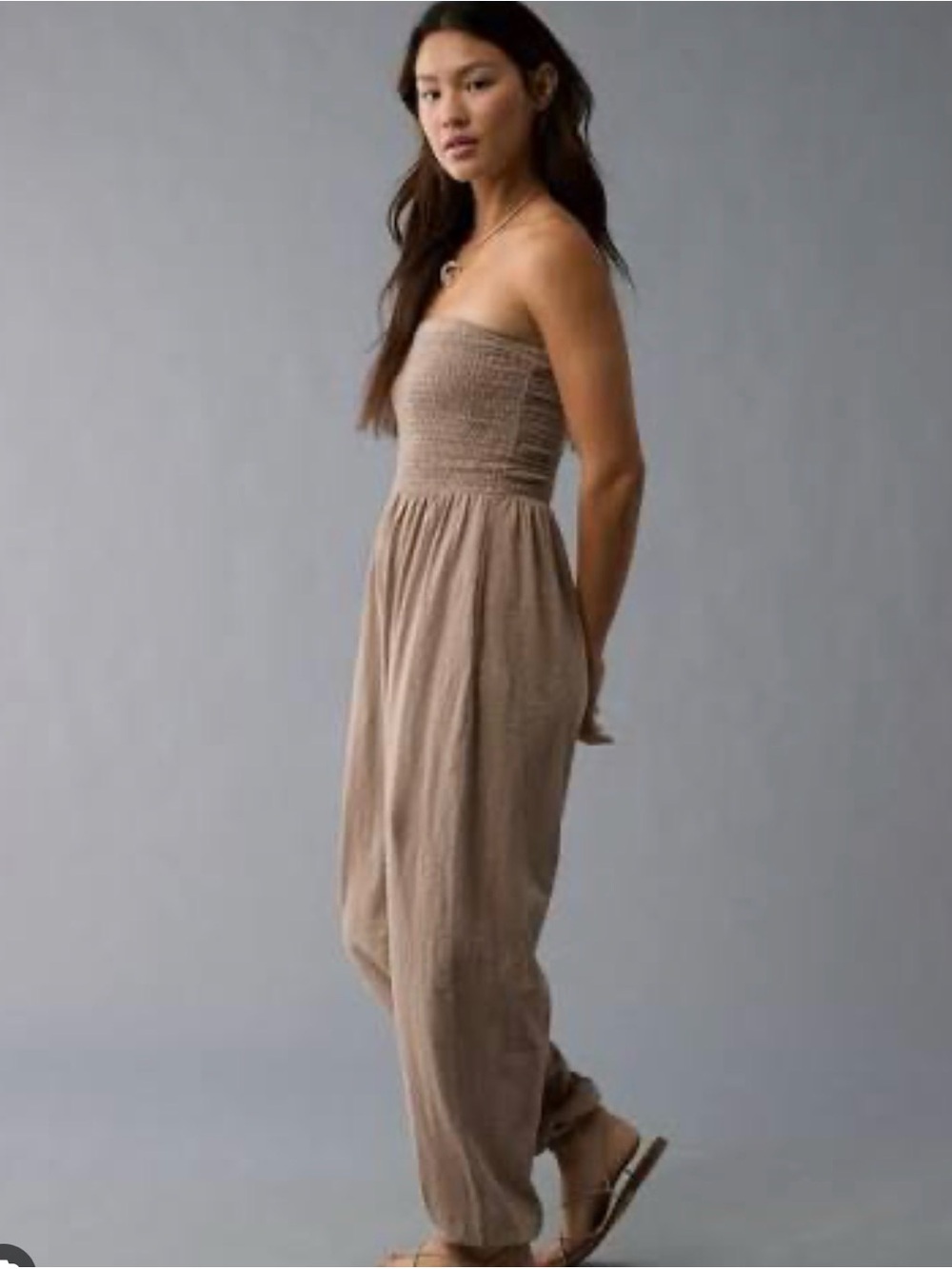 American Eagle Outfitters Strapless Smocked Jumpsuit in Taupe Brown